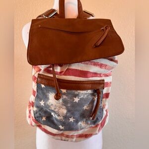 Rustic Distressed American Flag Canvas & Faux Leather Drawstring Backpack